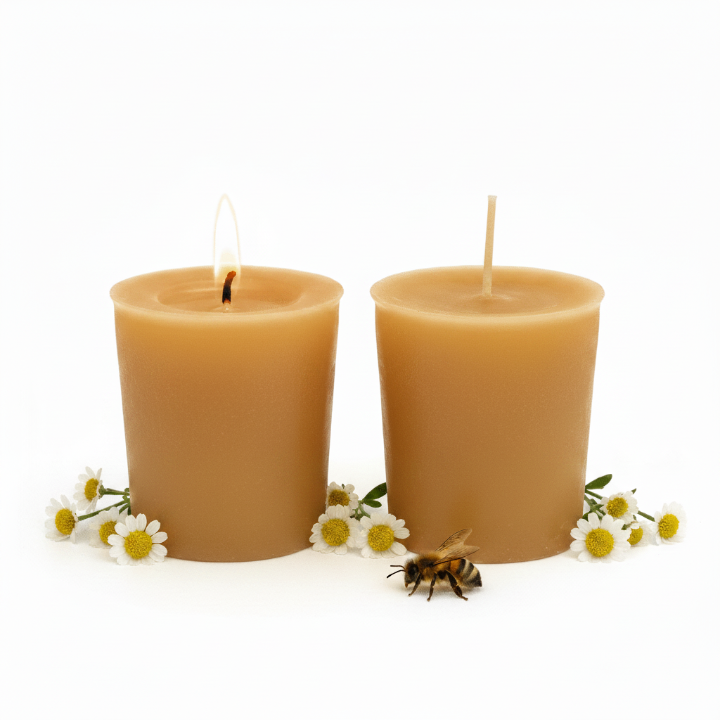 Two lit natural beeswax pillar candles in a warm golden-amber color, styled with chamomile flowers and a small honeybee on a clean white background.