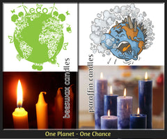 Comparison of eco-friendly beeswax candles and traditional paraffin candles with environmental graphics.
