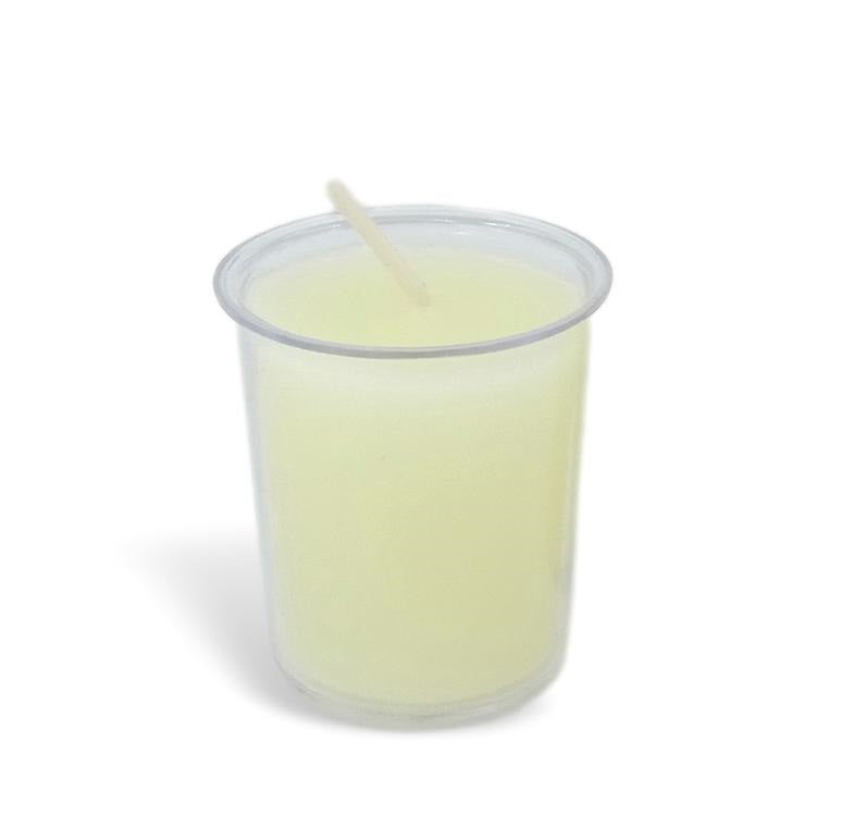 Clear plastic cup with a white candle on a white background