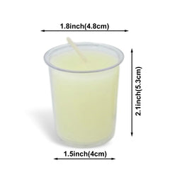 Candle in a clear container with dimensions labeled on a white background
