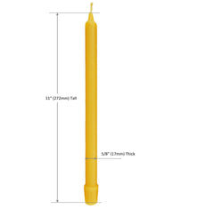 A single yellow taper candle with dimension indicating a height of 11 inches (272 mm) and a thickness of 5/8 inch (17 mm)