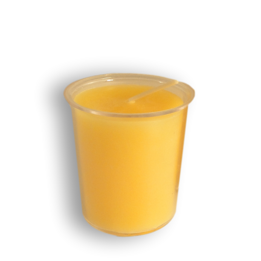 Yellow Candle in plastic container on a white background