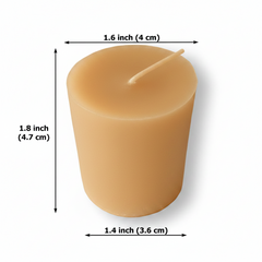 A votive candle shown with dimension arrows and labels indicating a height of 1.8 inch