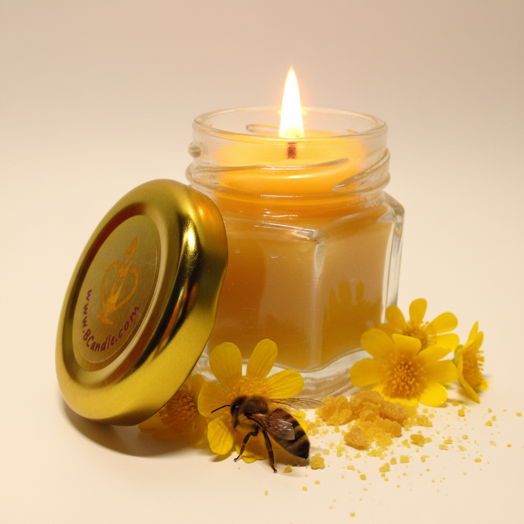 A small clear glass jar filled with golden yellow wax or balm, shown with a shiny gold metal lid leaning against it on a white studio background. The lid has a circular logo with a candle icon and the text 'www.