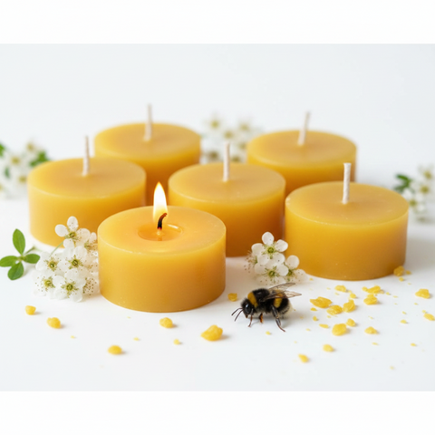 Six yellow candles on a white background with small white flowers; one candle is lit; a bee; wax crumbs