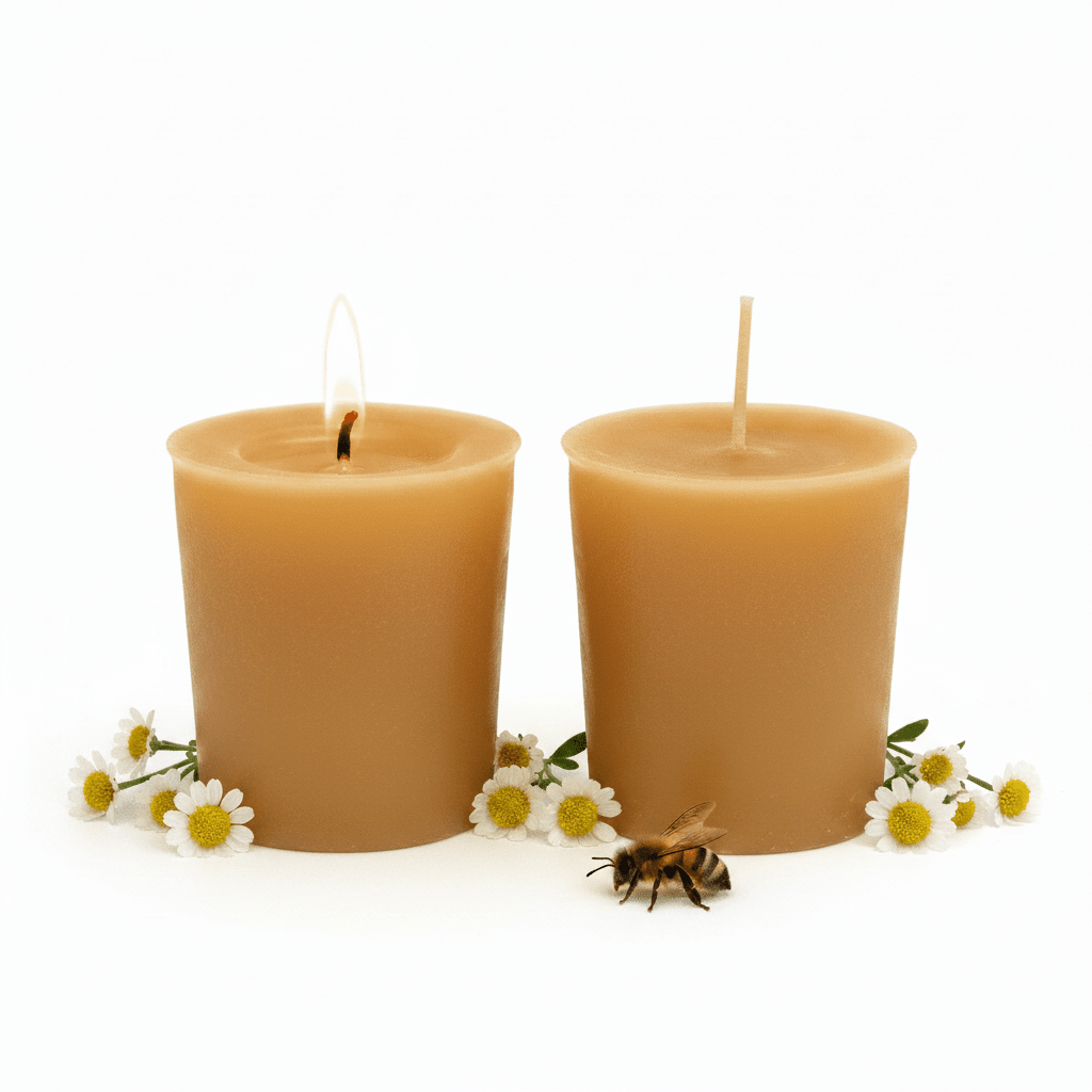 Two lit natural beeswax votive candles in a warm golden-amber color, styled with chamomile flowers and a small honeybee on a clean white background.