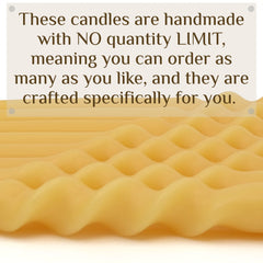 Close-up of wavy yellow candle with text about handmade candles and no quantity limit.