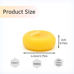 Yellow candle with measurements and product features on a white background
