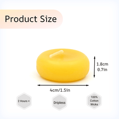 Yellow candle with measurements and product features on a white background
