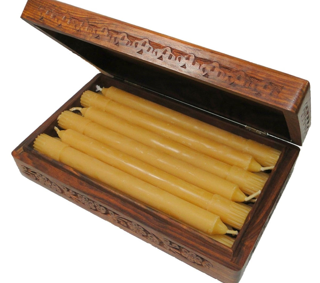 100% Beeswax Candles Tapers - 8 Inch Tall, 3/4 Inch Diameter, (Set of 12), Wood Box - BCandle