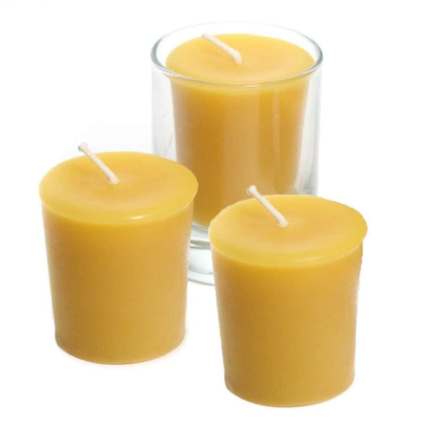 100 Beeswax Votives Candles 2" Tall, and One Glass Votive Holder