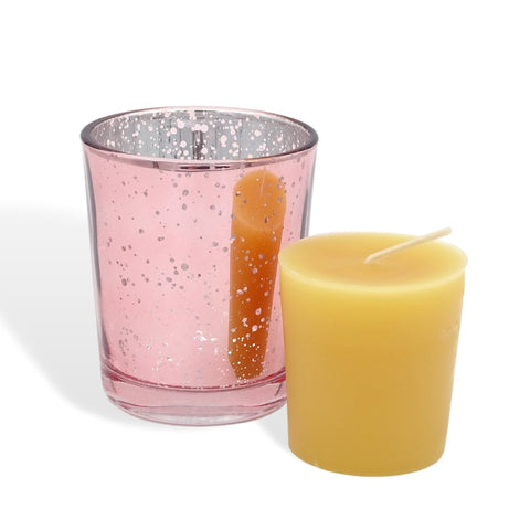 100% Pure Raw Beeswax Votive Candles in Pink Mercury Glass Holder - BCandle