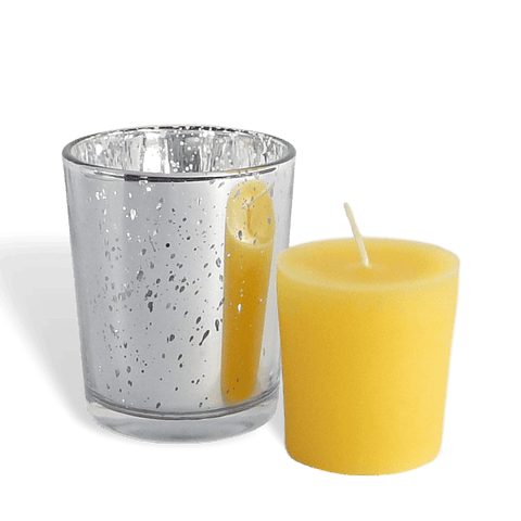 100% Pure Raw Beeswax Votive Candles in Silver Mercury Glass Holder - BCandle