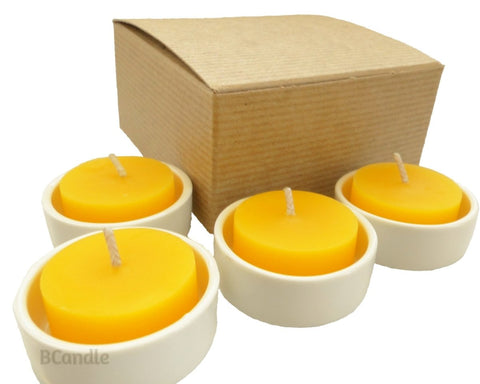 Set 100% Beeswax Tea Light Candles and Porcelain Candleholders in Box - BCandle