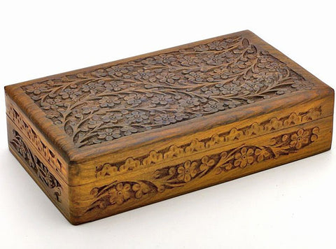 Wooden Box 6"x10"x2.3", Hand Carved Flowers & Vines Design - BCandle