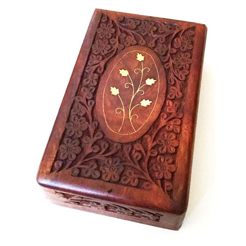 Wooden Box 6"x10"x2.6", Hand Carved Flowers & Vines Design, Brass Inlay - BCandle